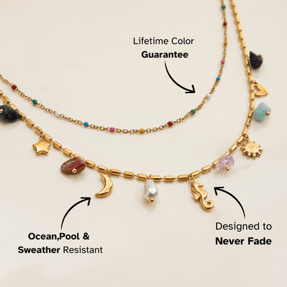 Mystic Dreams Layered Charm Necklace – Rainbow Bead Celestial Design
