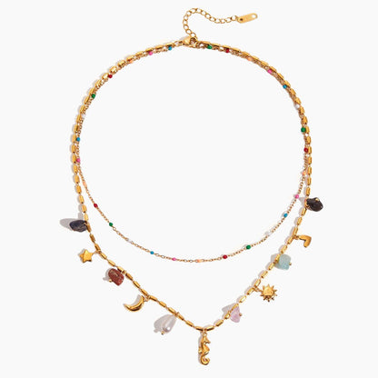 Mystic Dreams Layered Charm Necklace – Rainbow Bead Celestial Design