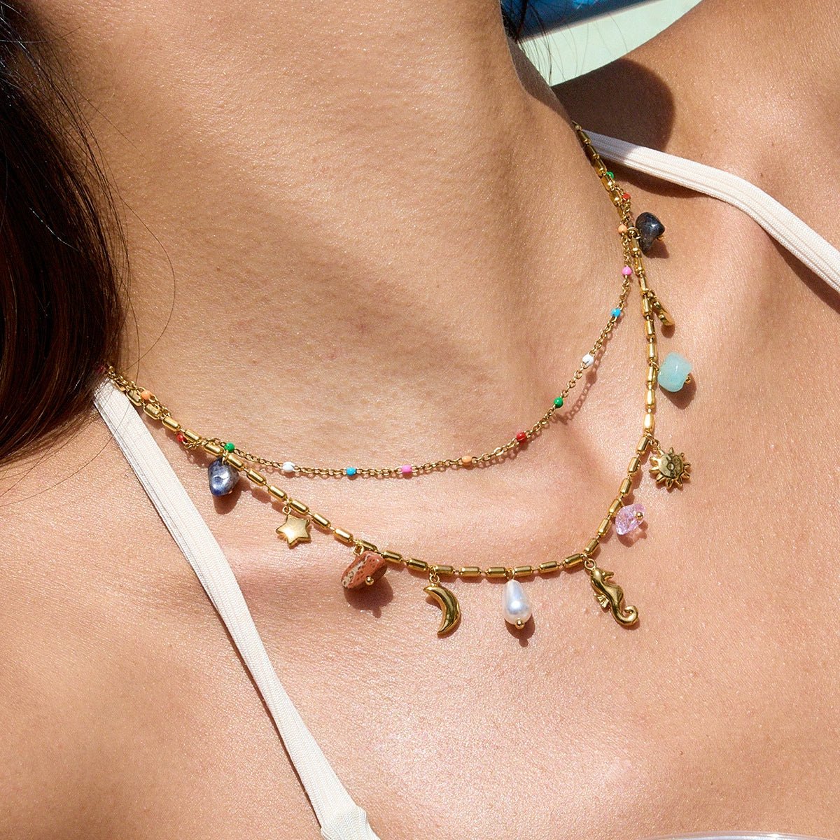 Mystic Dreams Layered Charm Necklace – Rainbow Bead Celestial Design