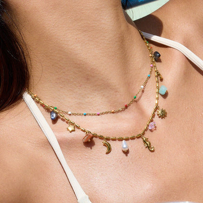 Mystic Dreams Layered Charm Necklace – Rainbow Bead Celestial Design