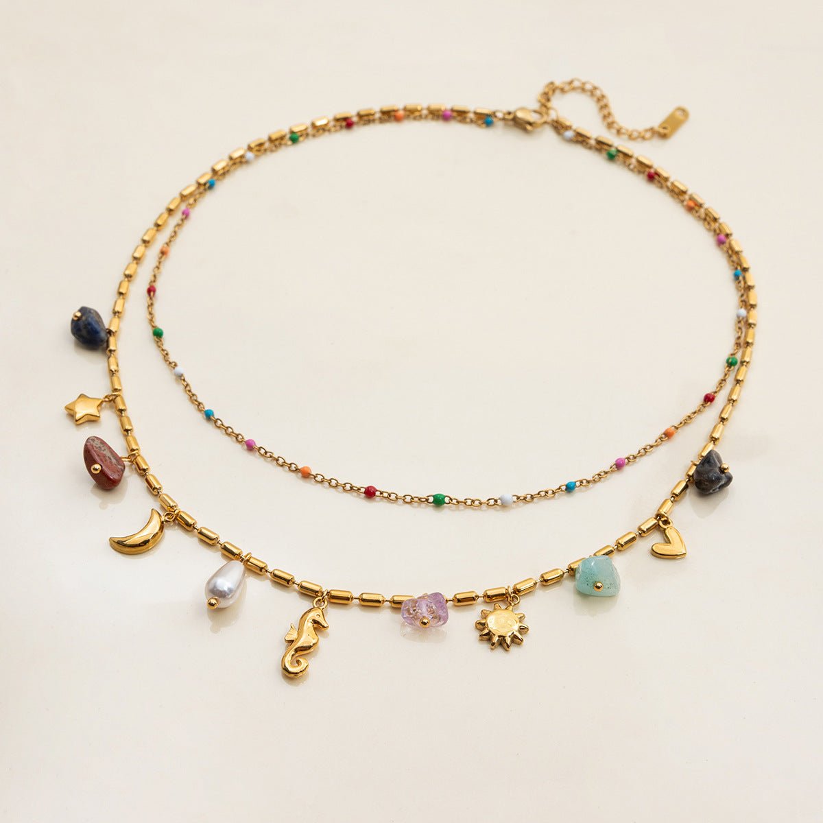 Mystic Dreams Layered Charm Necklace – Rainbow Bead Celestial Design