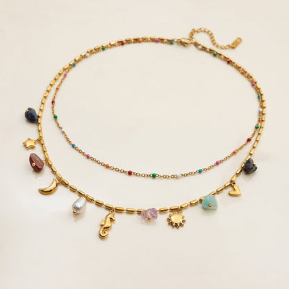 Mystic Dreams Layered Charm Necklace – Rainbow Bead Celestial Design