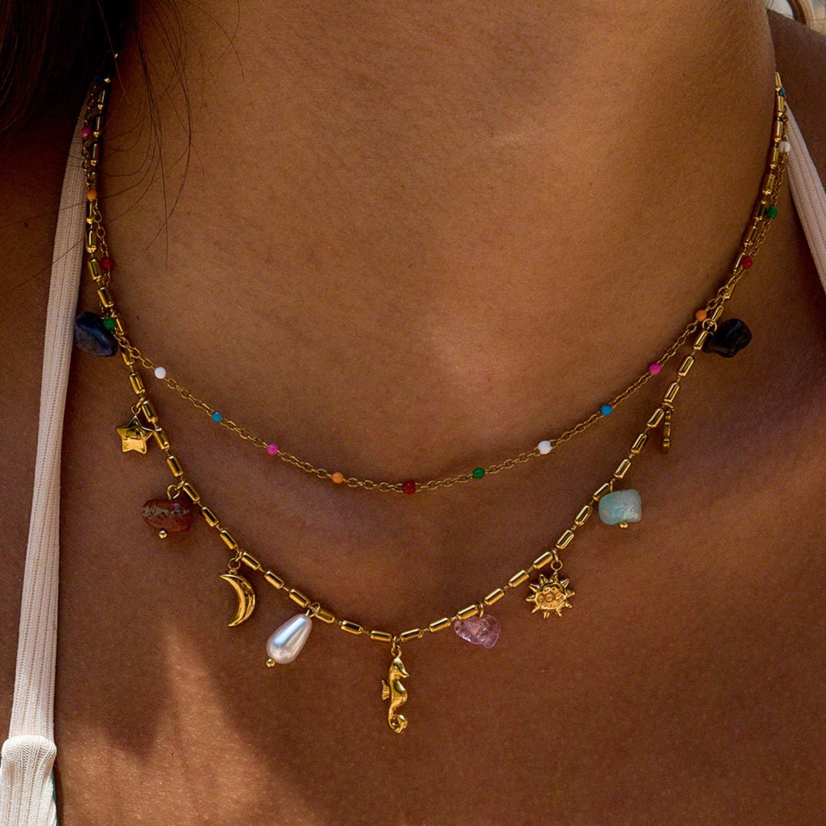 Mystic Dreams Layered Charm Necklace – Rainbow Bead Celestial Design