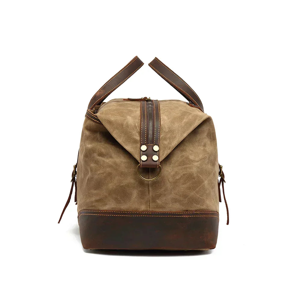 Waterproof Waxed Canvas & Genuine Leather Duffle Bag – 35L Weekender