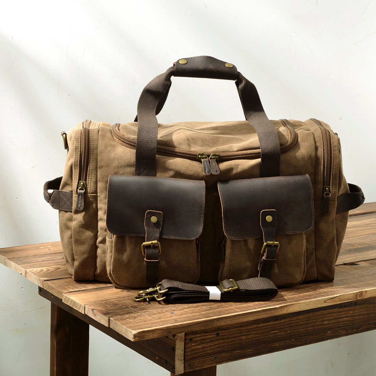 Waxed Canvas & Genuine Leather Duffle Bag – Men's Weekender Travel Bag