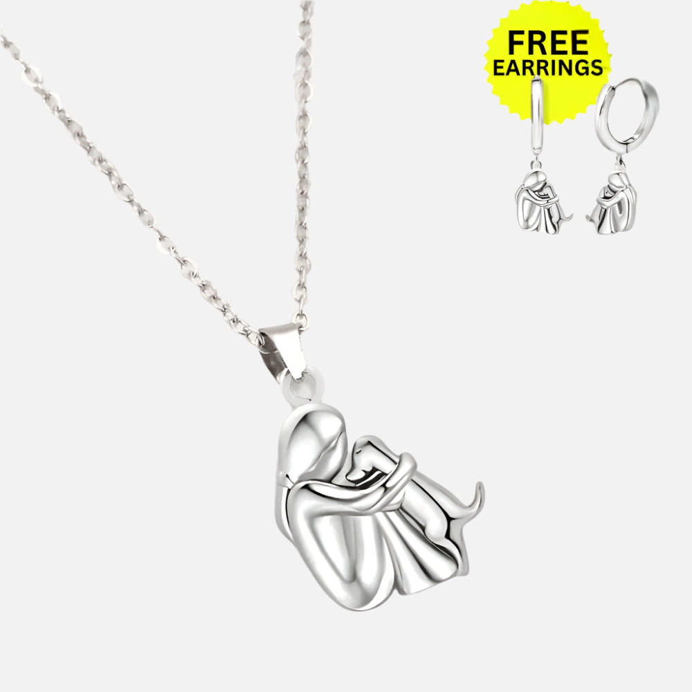 Dog Hug Pendant Necklace with Matching Earrings – Sterling Silver Set