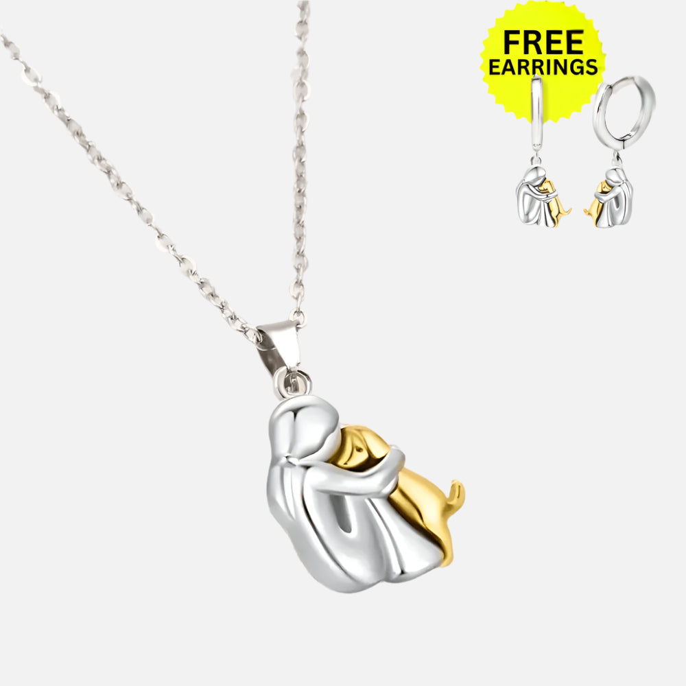 Dog Hug Pendant Necklace with Matching Earrings – Sterling Silver Set