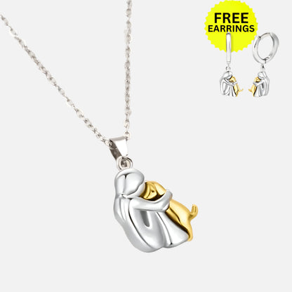 Dog Hug Pendant Necklace with Matching Earrings – Sterling Silver Set