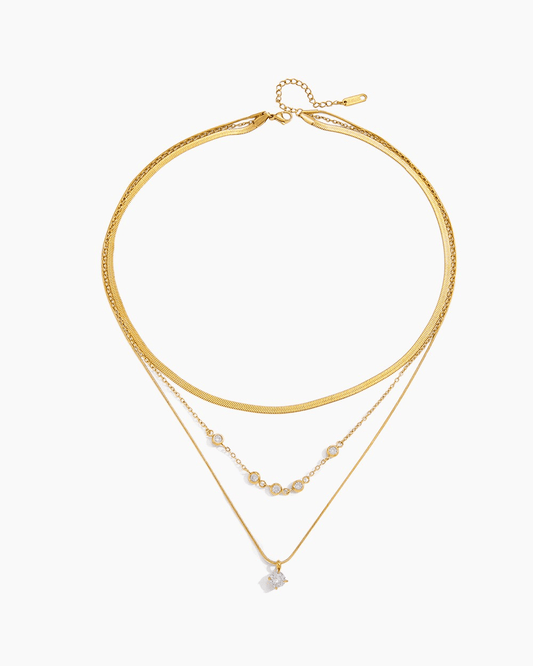 Radiant Orbit Layered Necklace – Triple Chain 18K Gold Waterproof