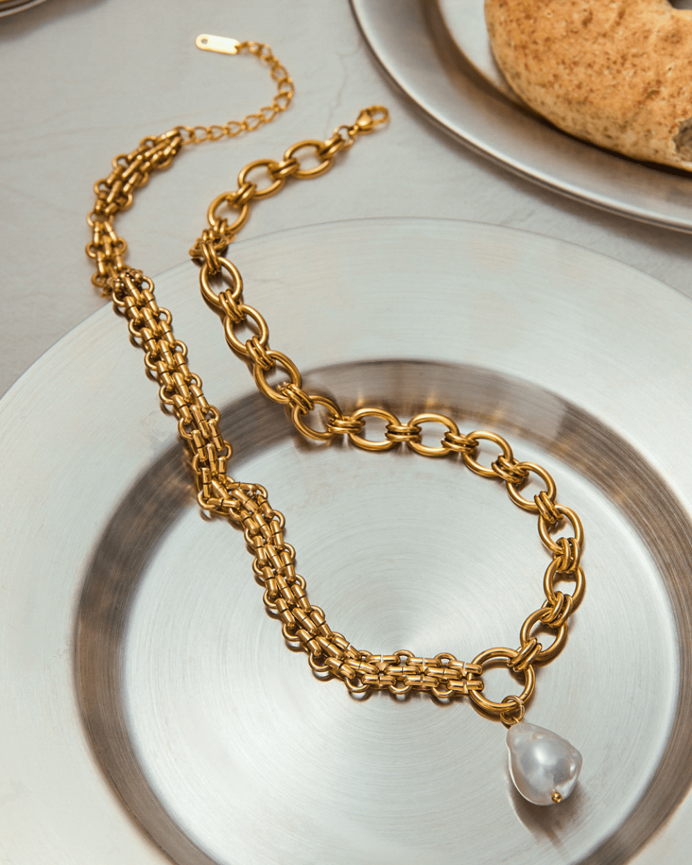 Tidebound Pearl Drop Necklace – Double Chain 18K Gold Waterproof