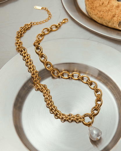 Tidebound Pearl Drop Necklace – Double Chain 18K Gold Waterproof