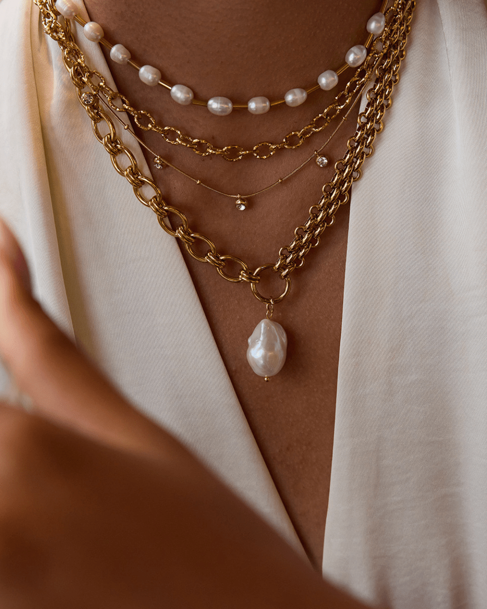 Tidebound Pearl Drop Necklace – Double Chain 18K Gold Waterproof