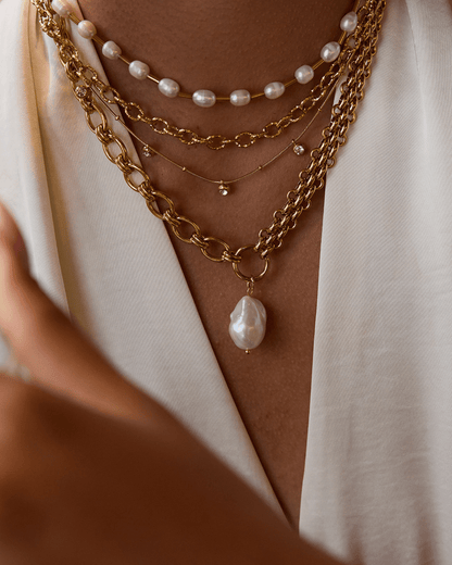 Tidebound Pearl Drop Necklace – Double Chain 18K Gold Waterproof