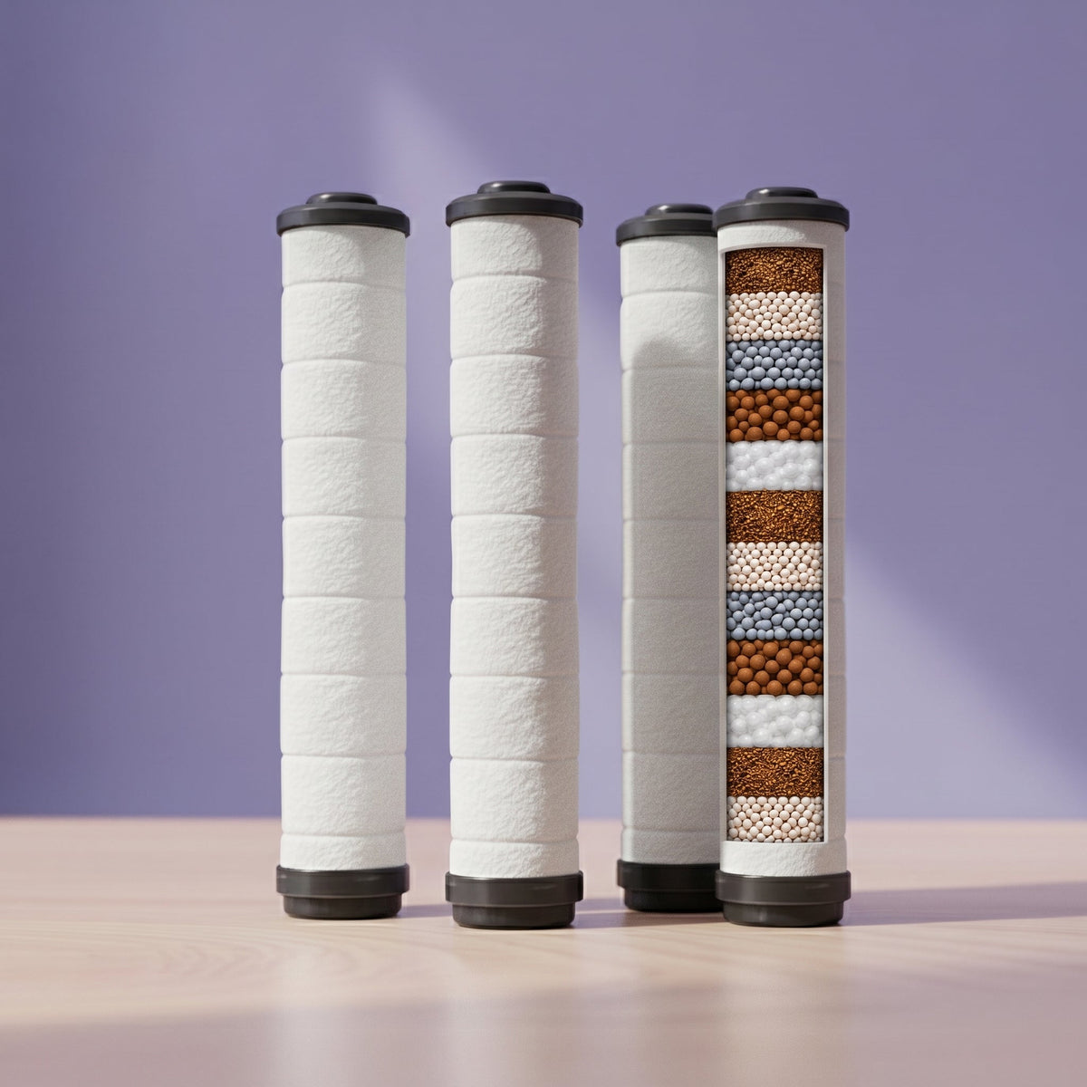VORASSO handheld showerhead filter cartridge 4-pack bundle with cutaway showing filtration media