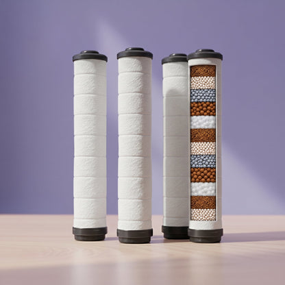 VORASSO handheld showerhead filter cartridge 4-pack bundle with cutaway showing filtration media