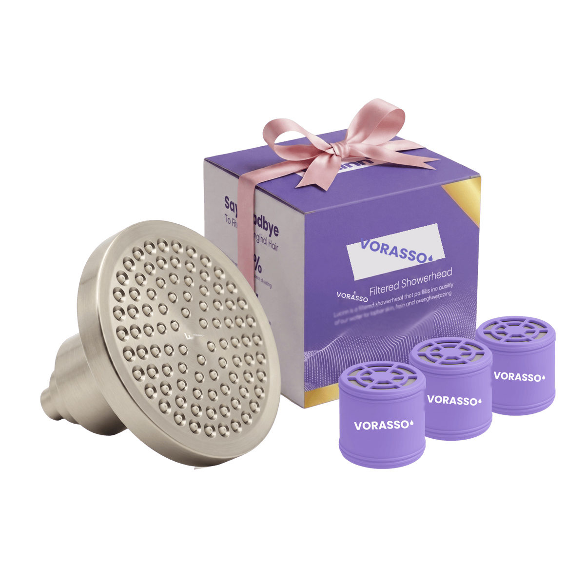 VORASSO Pro filtered showerhead bundle in brushed nickel with gift box and 3 replacement filter cartridges