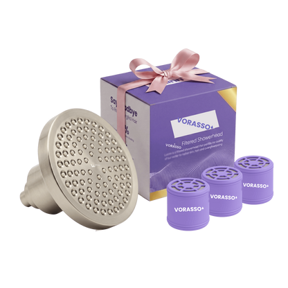 VORASSO Pro filtered showerhead bundle in brushed nickel with gift box and 3 replacement filter cartridges