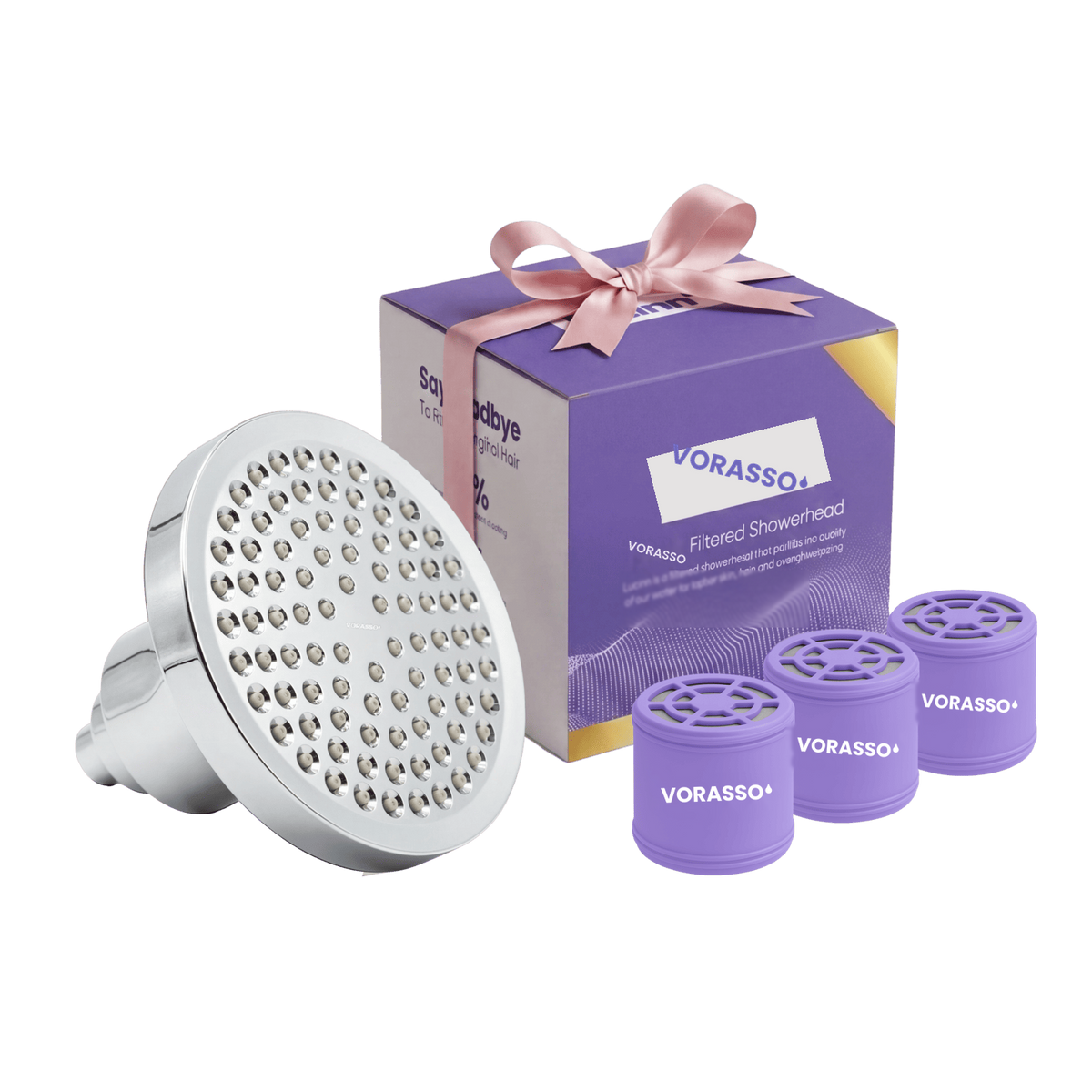 VORASSO Pro filtered showerhead bundle in chrome with gift box and 3 replacement filter cartridges