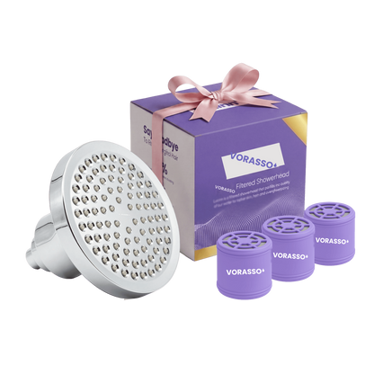 VORASSO Pro filtered showerhead bundle in chrome with gift box and 3 replacement filter cartridges