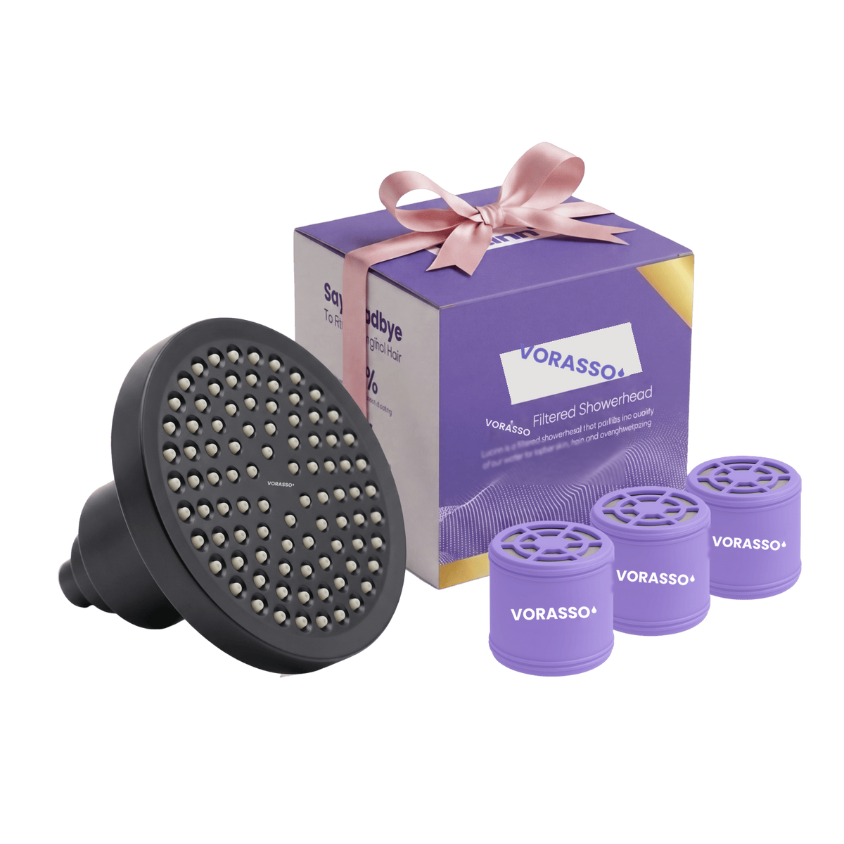 VORASSO Pro filtered showerhead bundle in matte black with gift box and 3 replacement filter cartridges