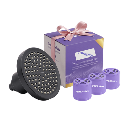 VORASSO Pro filtered showerhead bundle in matte black with gift box and 3 replacement filter cartridges