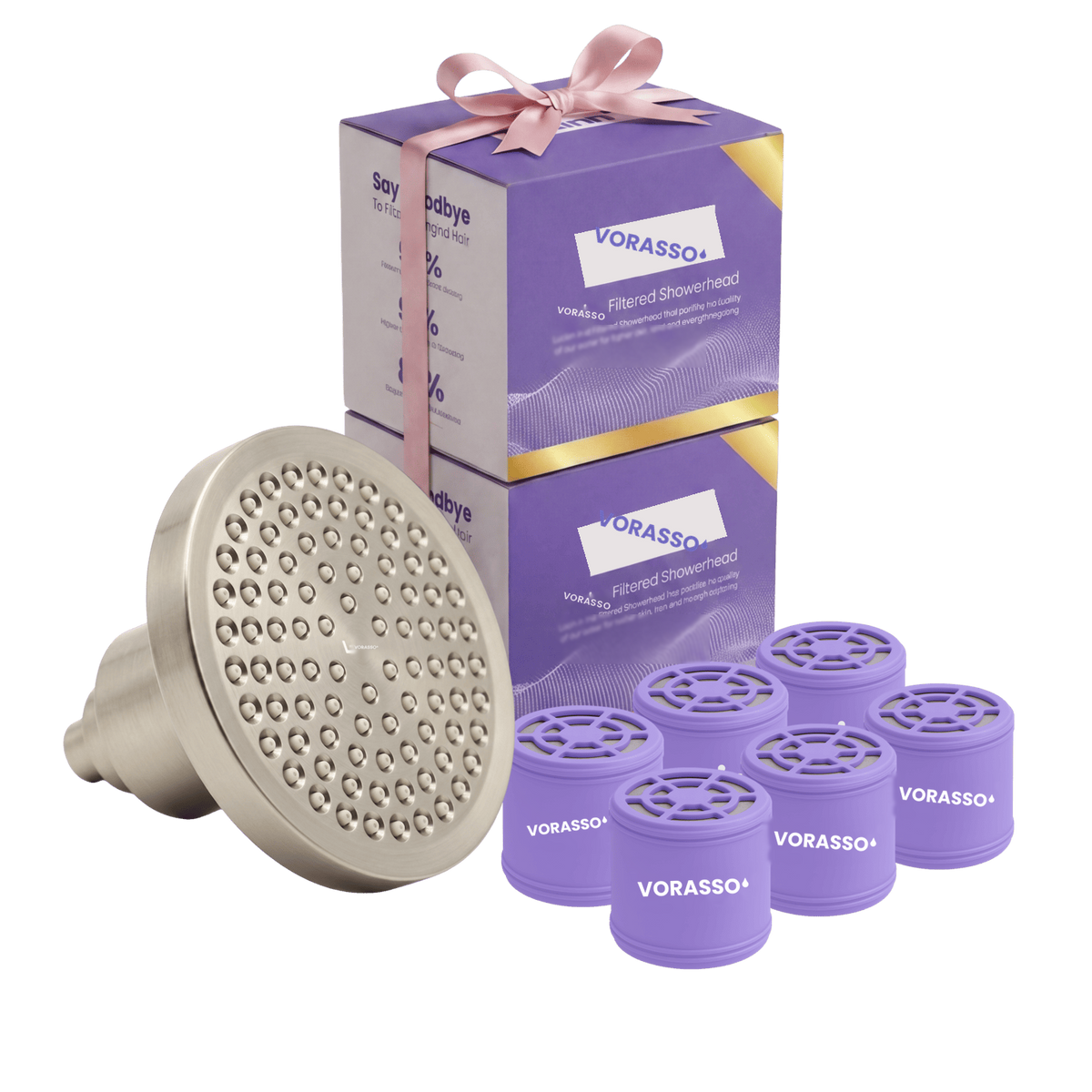 VORASSO double filtered showerhead bundle in brushed nickel with 2 gift boxes and 6 replacement filter cartridges