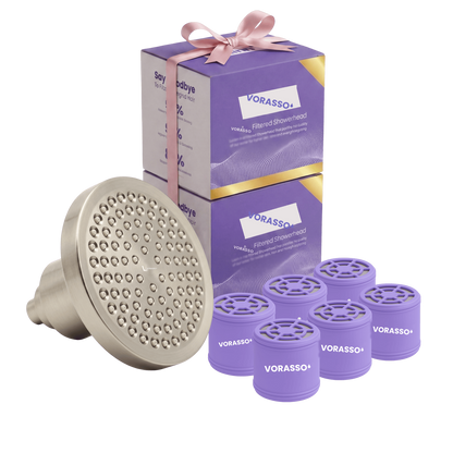 VORASSO double filtered showerhead bundle in brushed nickel with 2 gift boxes and 6 replacement filter cartridges