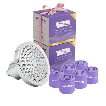 VORASSO double filtered showerhead bundle in chrome with 2 gift boxes and 6 replacement filter cartridges