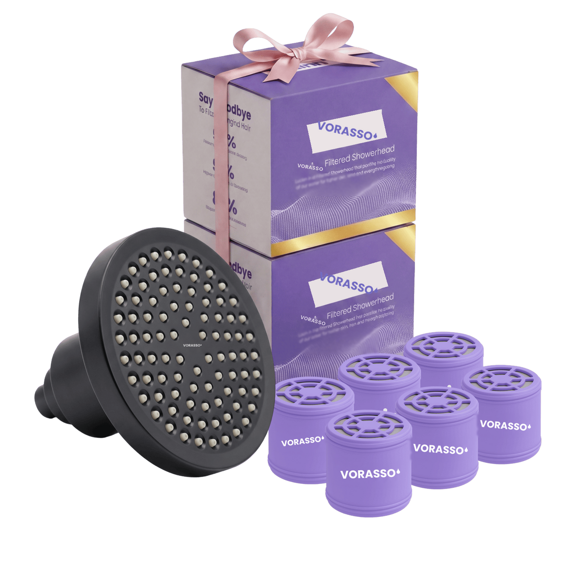 VORASSO double filtered showerhead bundle in matte black with 2 gift boxes and 6 replacement filter cartridges