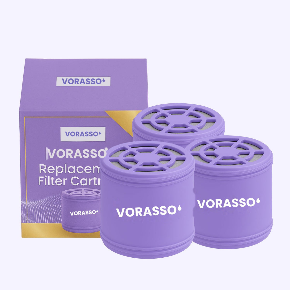 VORASSO wall-mounted showerhead filter cartridge 3-pack bundle with retail box