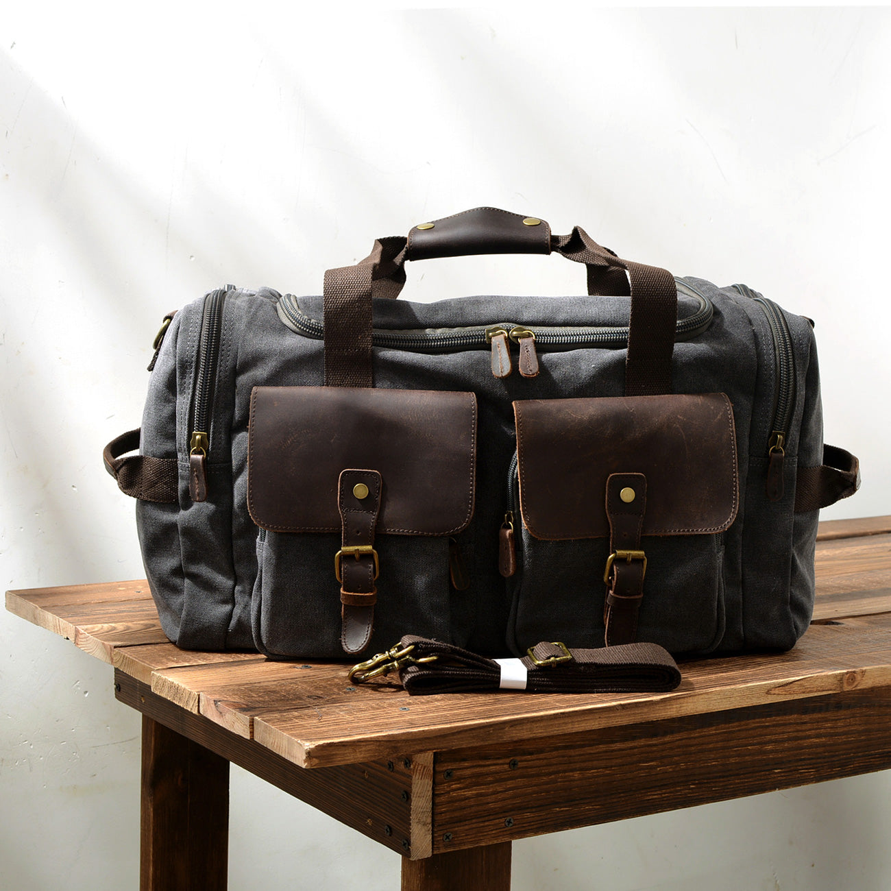 Waxed Canvas & Genuine Leather Duffle Bag – Men's Weekender Travel Bag